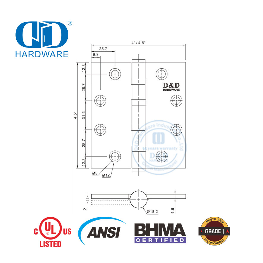 Exterior Door Stainless Steel BHMA ANSI Grade 1 Heavy Duty Hinge-DDSS001-ANSI-1-4.5x4.5x4.6mm