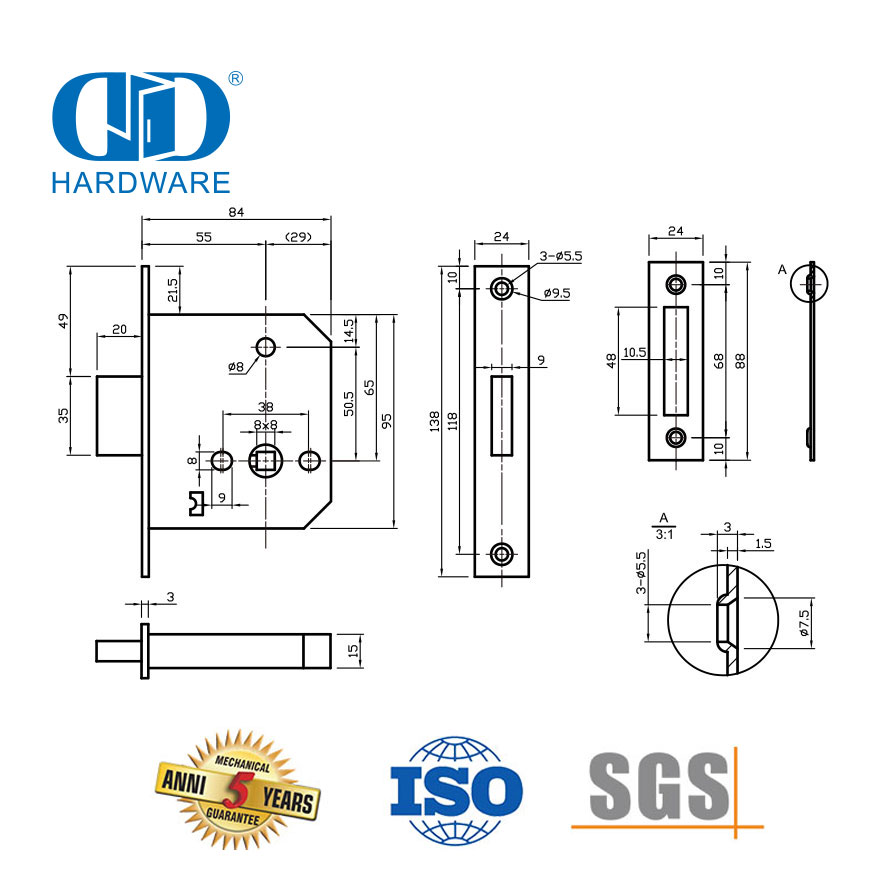 Toilet Door Hardware Stainless Steel Deadbolt Lock Body Use with Indicator-DDML029-B