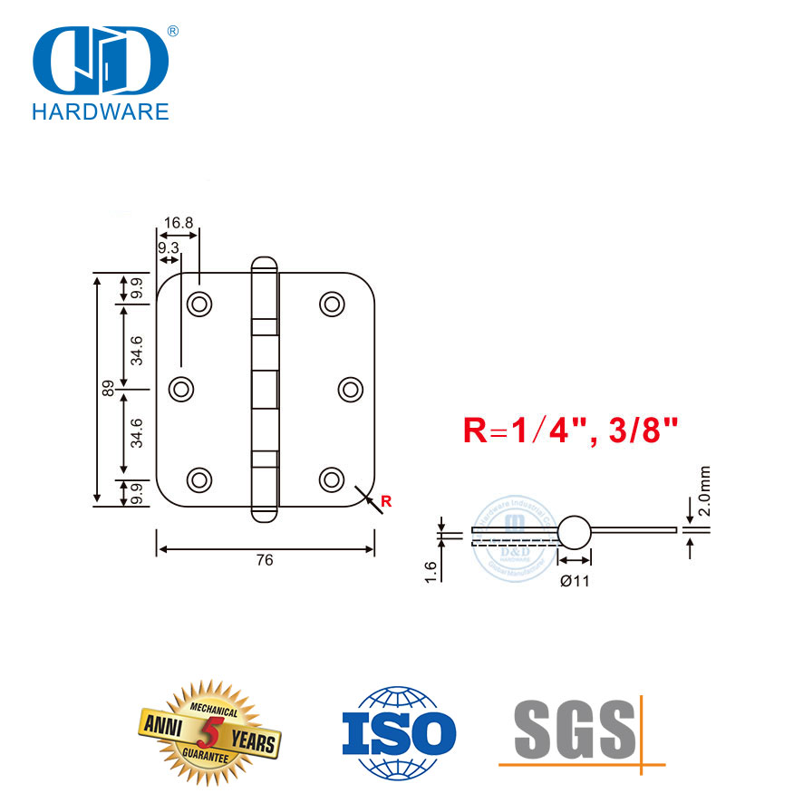 Stainless Steel Door Hinge Hardware with Round Corner Ball Tip-DDSS046