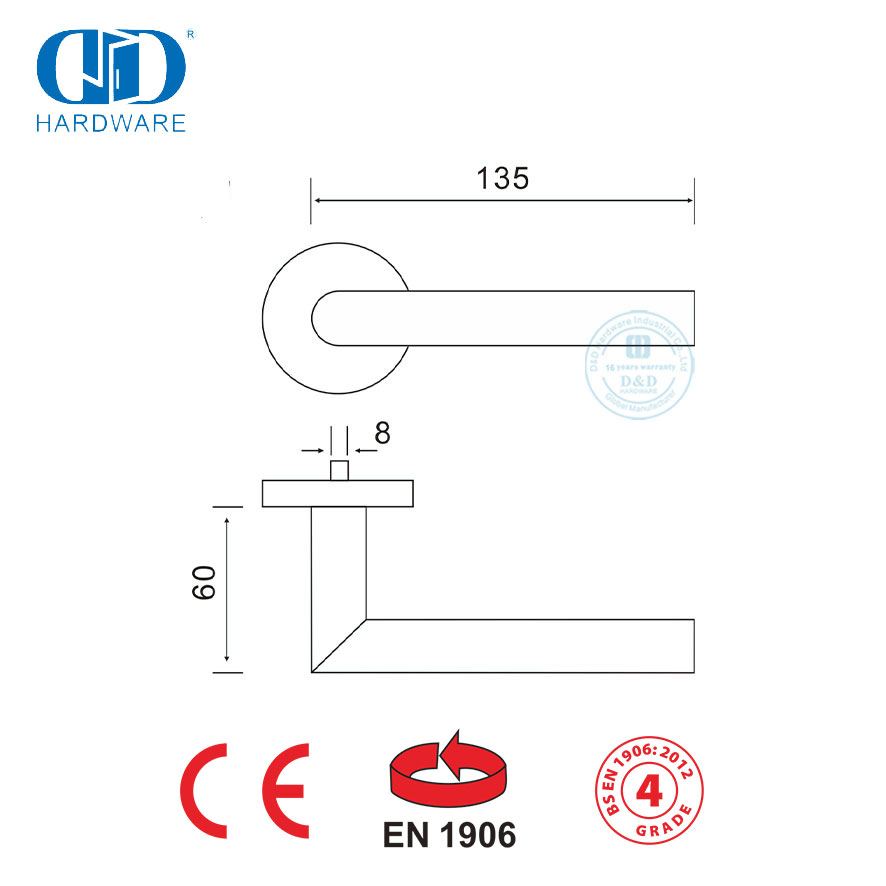 BS EN 1906 Door Lock Hardware Commercial Fitting Lever Door Handles-DDTH003-PVD