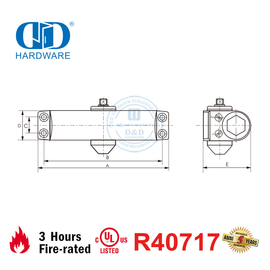 Hot Selling Heavy Duty 80-120KG 1250mm CE UL 10C Listed Fire Rated Door Closer with Back Check-DDDC040