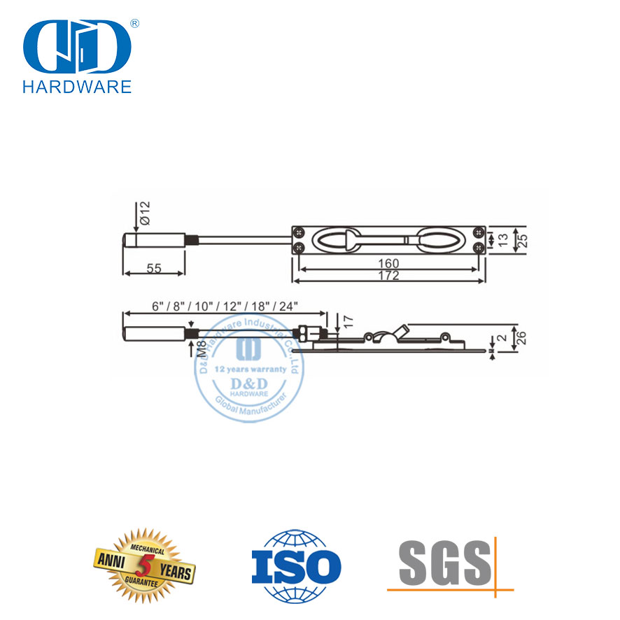 Stainless Steel 304 Exterior Metal Door Hardware Flush Bolt-DDDB012-B-SSS