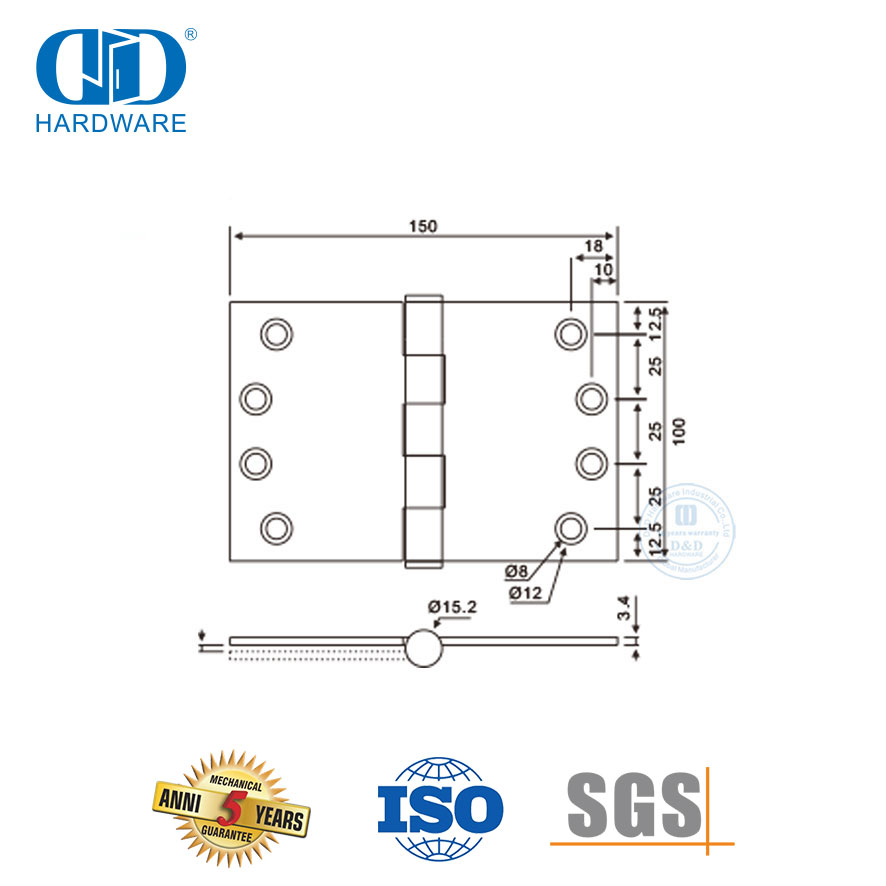 Door Hardware Accessories Fitting SUS 304 Wide Throw Door Hinge-DDSS049-100x180x3.4mm