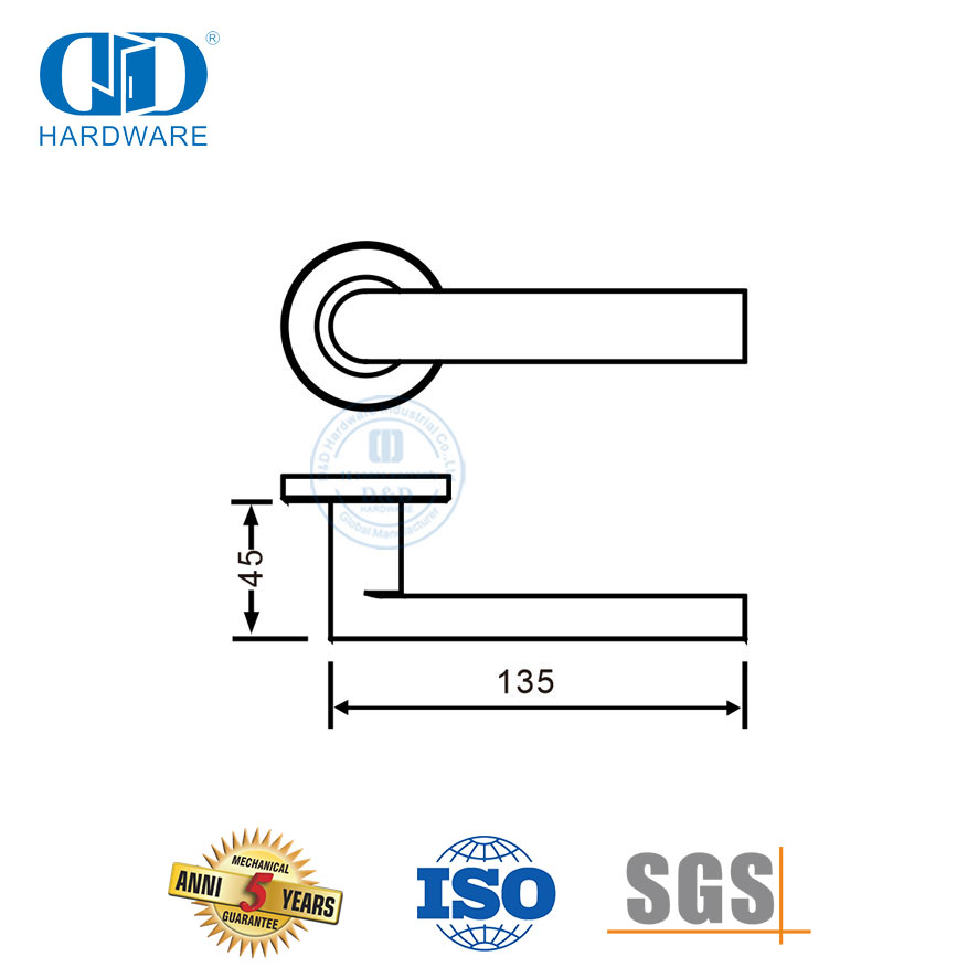 Single Bend 304 Stainless Steel Lever Door Handle on Round Rosette-DDTH043-SSS
