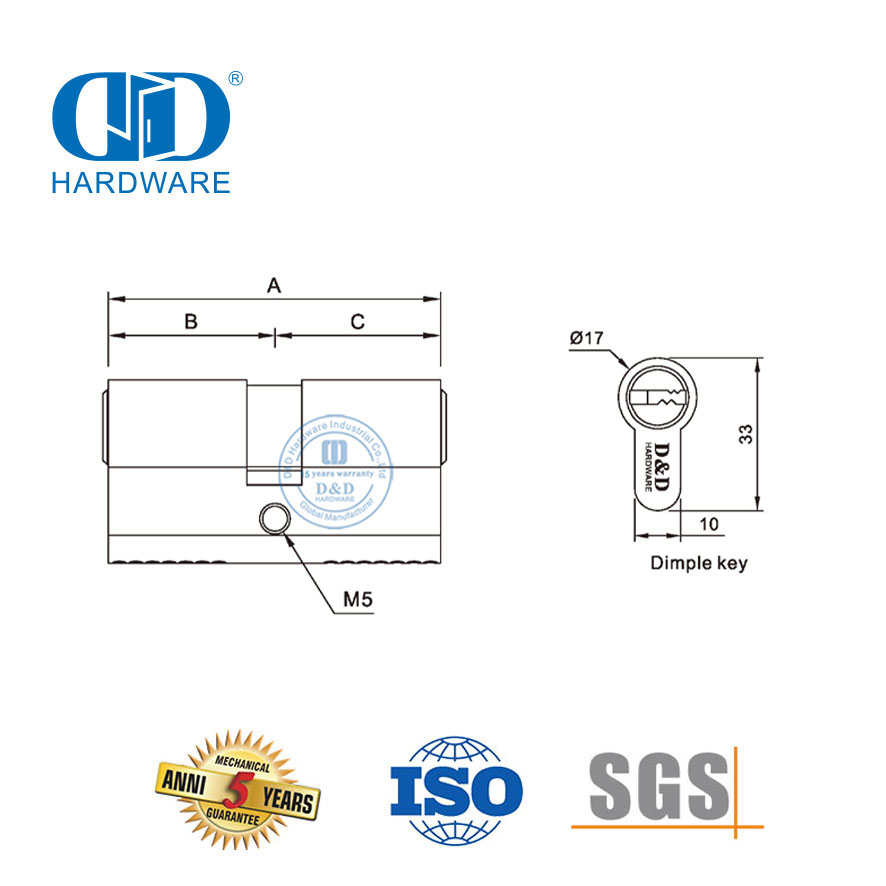 High Safety Solid Brass Dimple Key Euro Double Lock Cylinder-DDLC023-70mm-SN