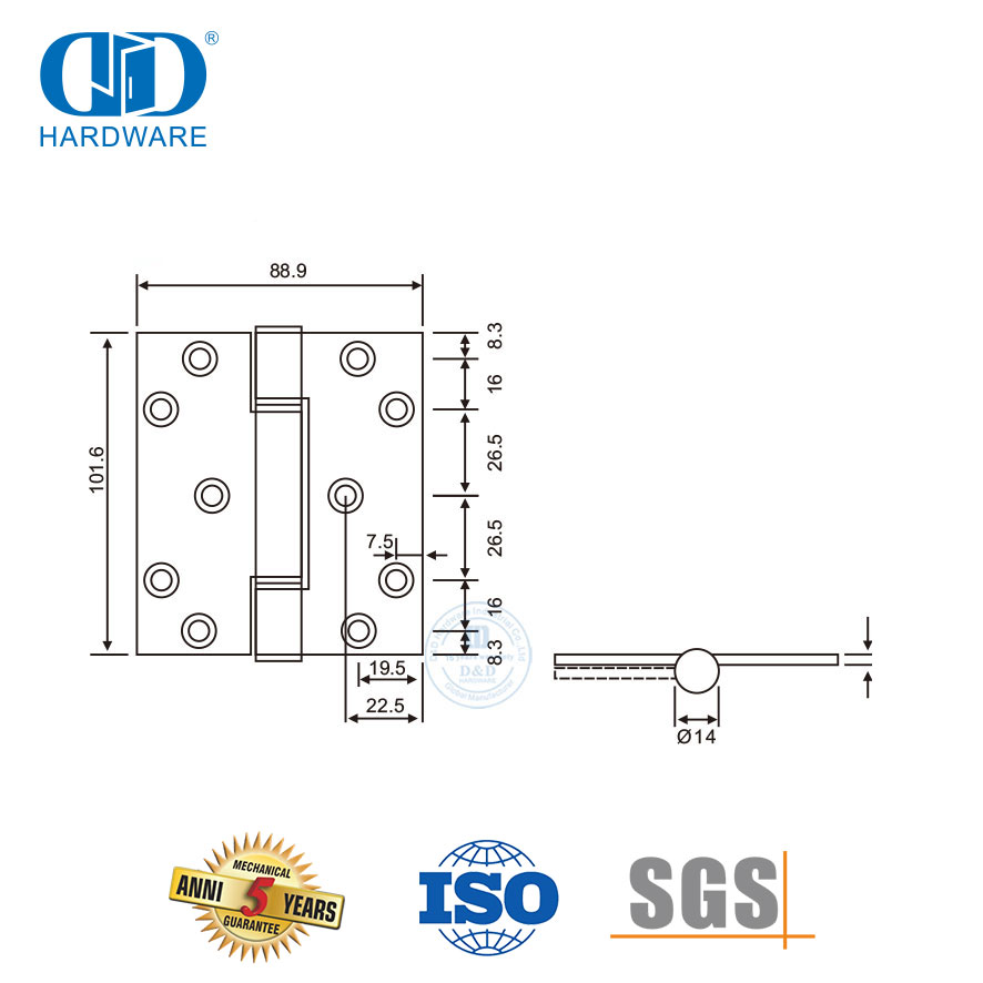 Stainless Steel 3 Knuckle Symmetrical Hole Type Double Washer Hinge-DDSS039