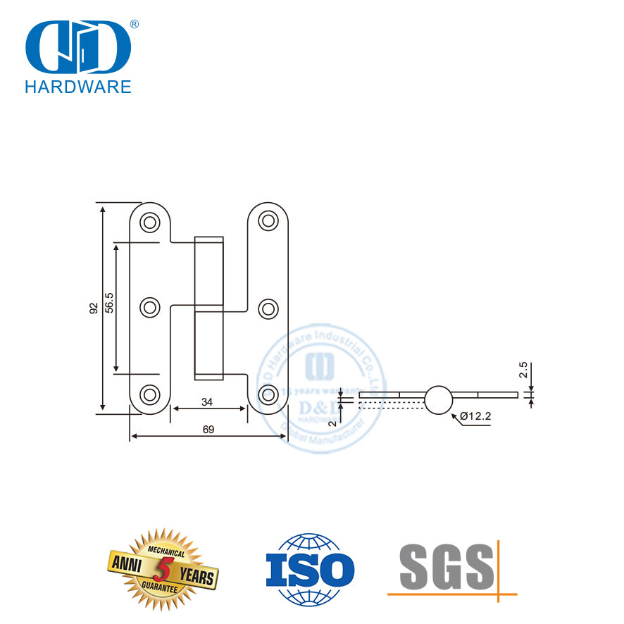 Stainless Steel Hot Selling Metal Door Hardware Round Corner H Hinge-DDSS019-B