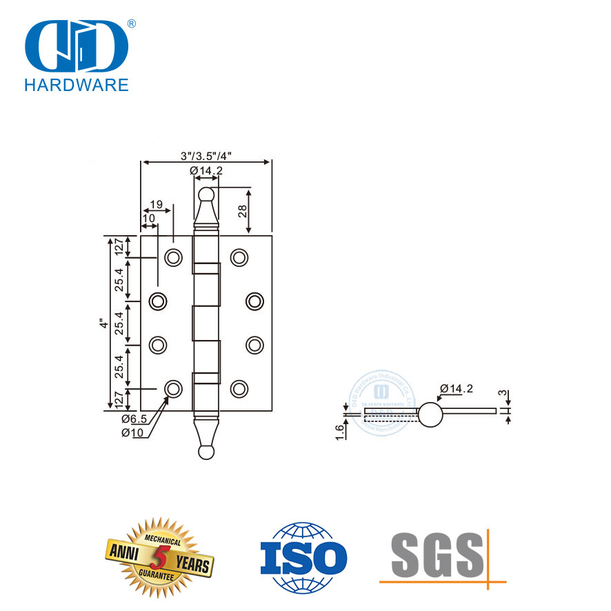 Wooden Door Hardware Stainless Steel Hinge with Crown Tip-DDSS034-B