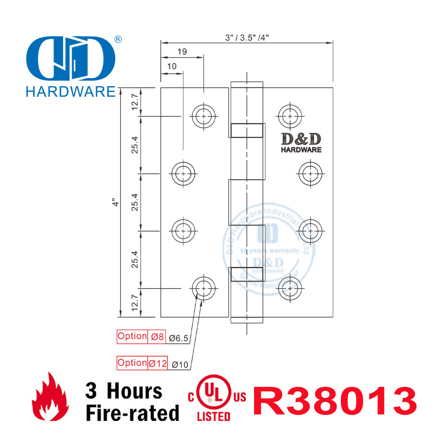 Satin Stainless Steel UL Listed Fire Rated Full Mortise Hinge-DDSS001-FR-4X3X3mm