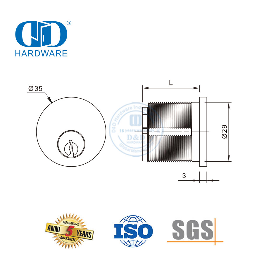 ANSI Standard 6 Pin Schlage C Keyway Mortise Cylinder-DDLC011-29mm-SN