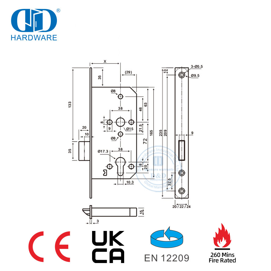 240 Mins Fire Rated Stainless Steel Deadbolt Door Lock For Swing Door Outer Door-DDML013-6072