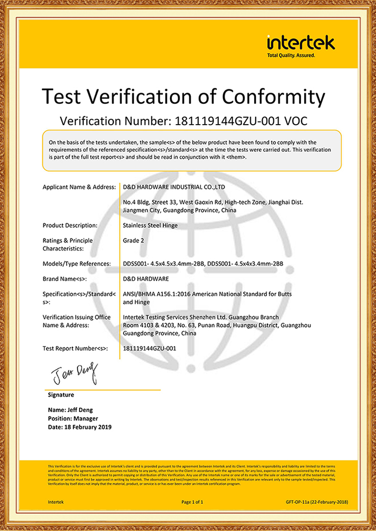 Certificate D&D HARDWARE INDUSTRIAL Co.,Ltd