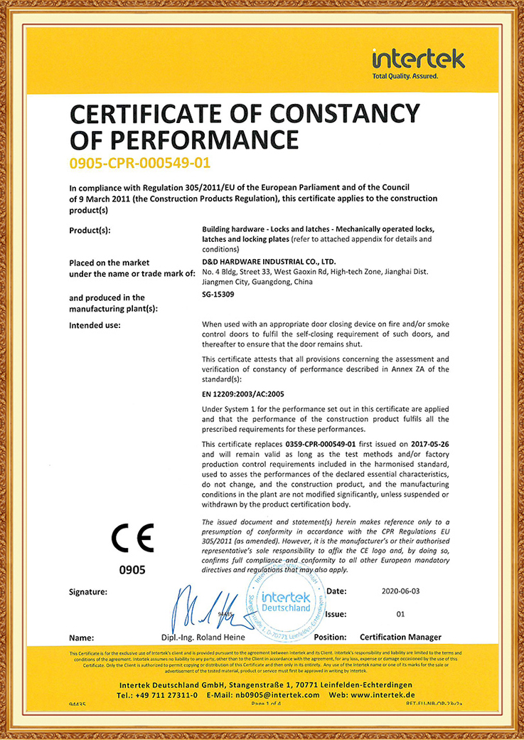 CE EN12209 Certificate