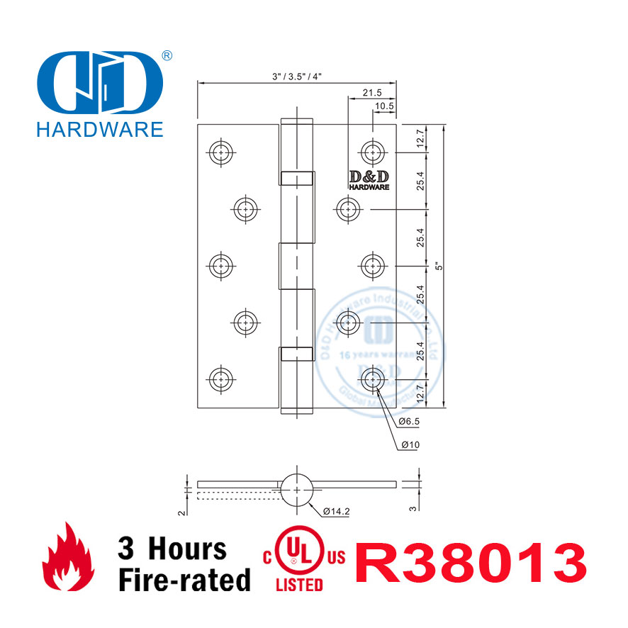 High Safety Fire Rated UL Square Corner Mortise Door Hinge -DDSS005-FR-5x4x3.4mm