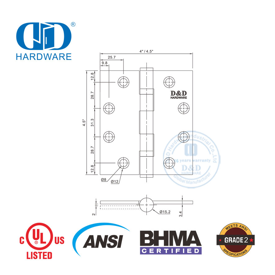BHMA ANSI Grade 2 Fire Rated Outside Door Hinge for Commercial Building-DDSS001-ANSI-2-4.5x4x3.4mm