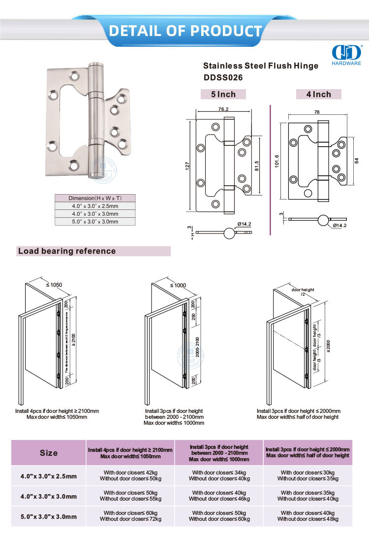 Heavy Duty Commercial Door Hinges Stainless Steel Flush Hinge-DDSS026 ...