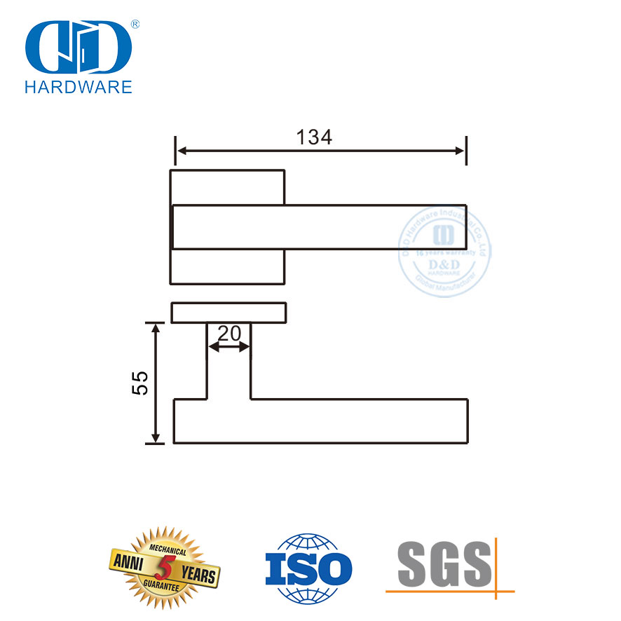 SUS 304 T Shape Square Rosette Soid Lever Handle for Office Building-DDSH053-SSS
