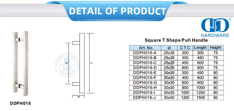 Stainless Steel Door Accessories Glass Door Fitting Square T Shape Pull Handle-DDPH016