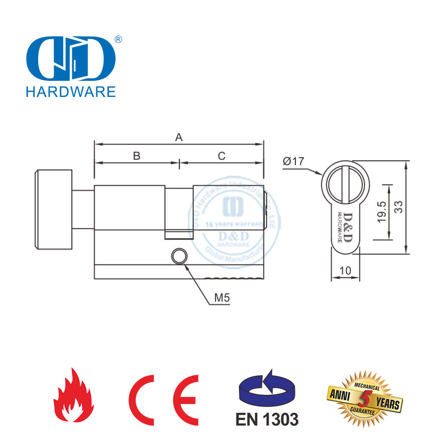 Satin Nickel Finish Quality Solid Brass EN 1303 Toilet Door Cylinder-DDLC007-70mm-SN