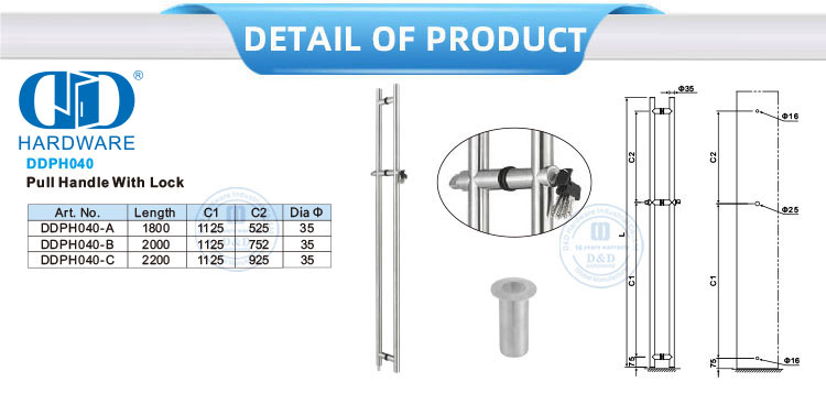 Stainless Steel Office Front Glass Door Accessories Round Tube Glass Door Pull Handle with Lock-DDPH040