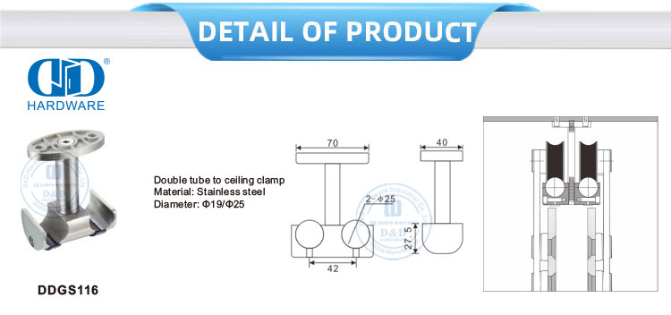 Double Tube To Celling Clamp Stainless Steel Glass Door Fitting Furniture Accessory Glass Hardware For Bathroom Restroom-DDGS116