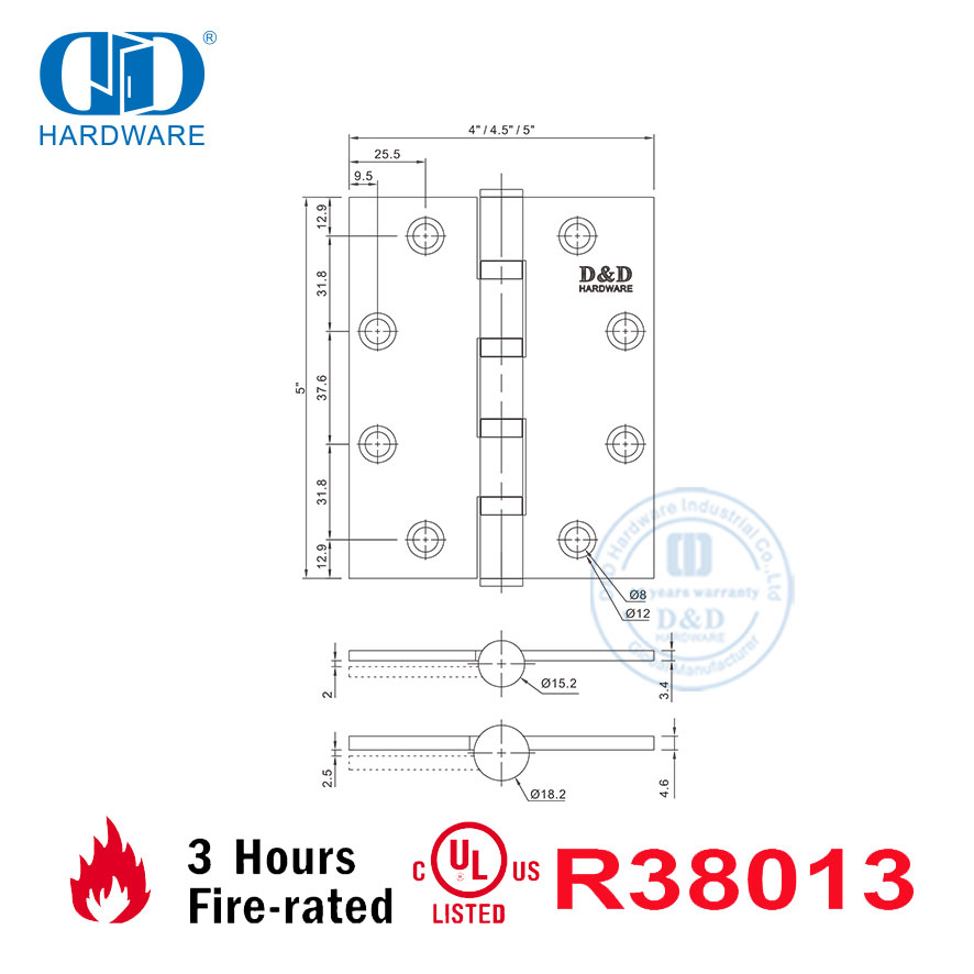 Architectural Fireproof BHMA UL Certificate American Standard SUS304 4 Ball Bearing Mortise Office Hotel Door Hinge-DDSS08-FR-5x4.5x3.4mm