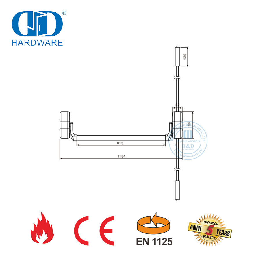 Stainless Steel CE EN1125 Fire Rated Panic Bar with Latche Bolt Lock Bar For Single Double Door-DDPD022-CE