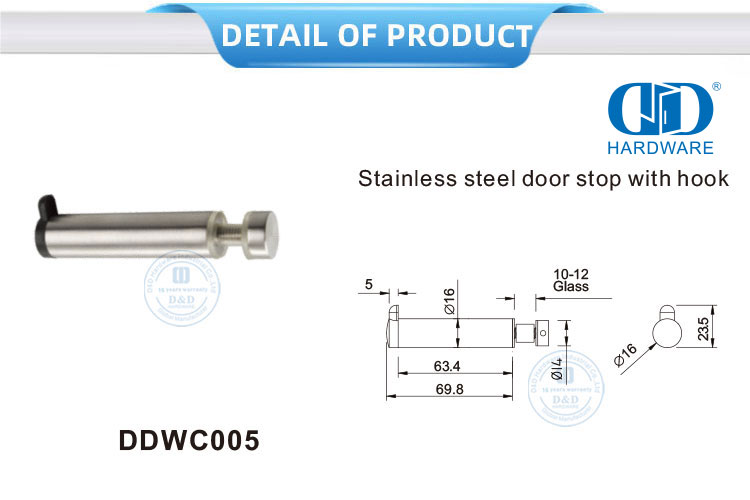 Stainless Steel Restroom Hardware Glass Clamp Clip Glass Door Stop with Hook-DDWC005