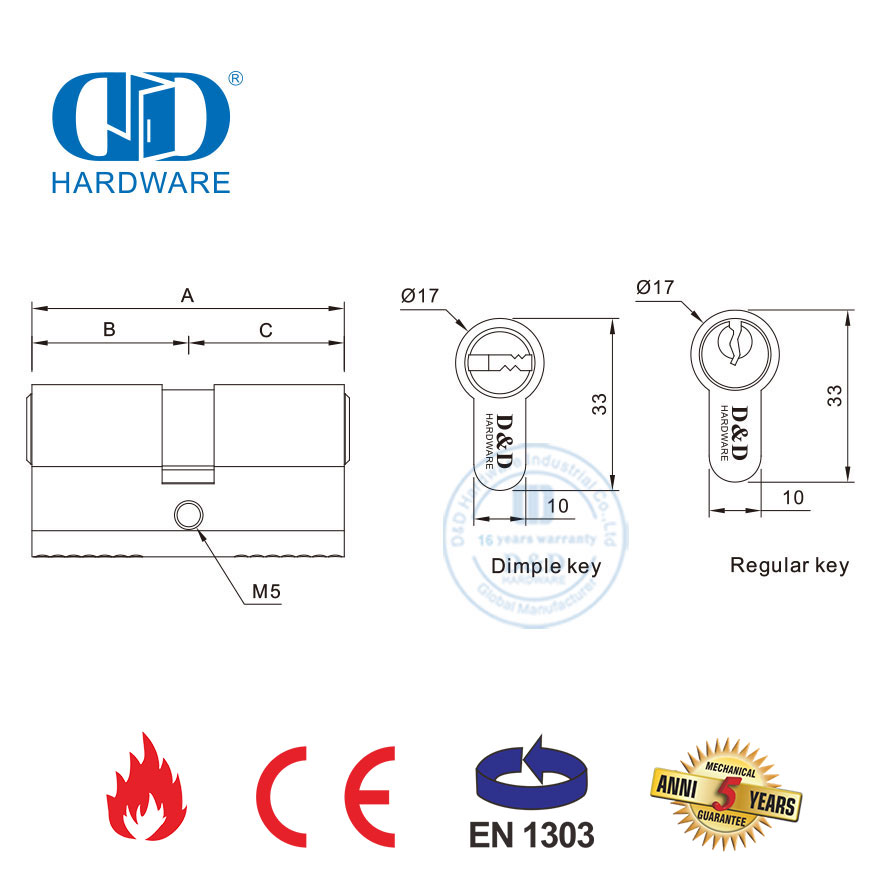 EN 1303 Satin Nickel Finish Brass Euro Standard Durable Hardware Commercial Door Cylinder-DDLC003-70mm-SN