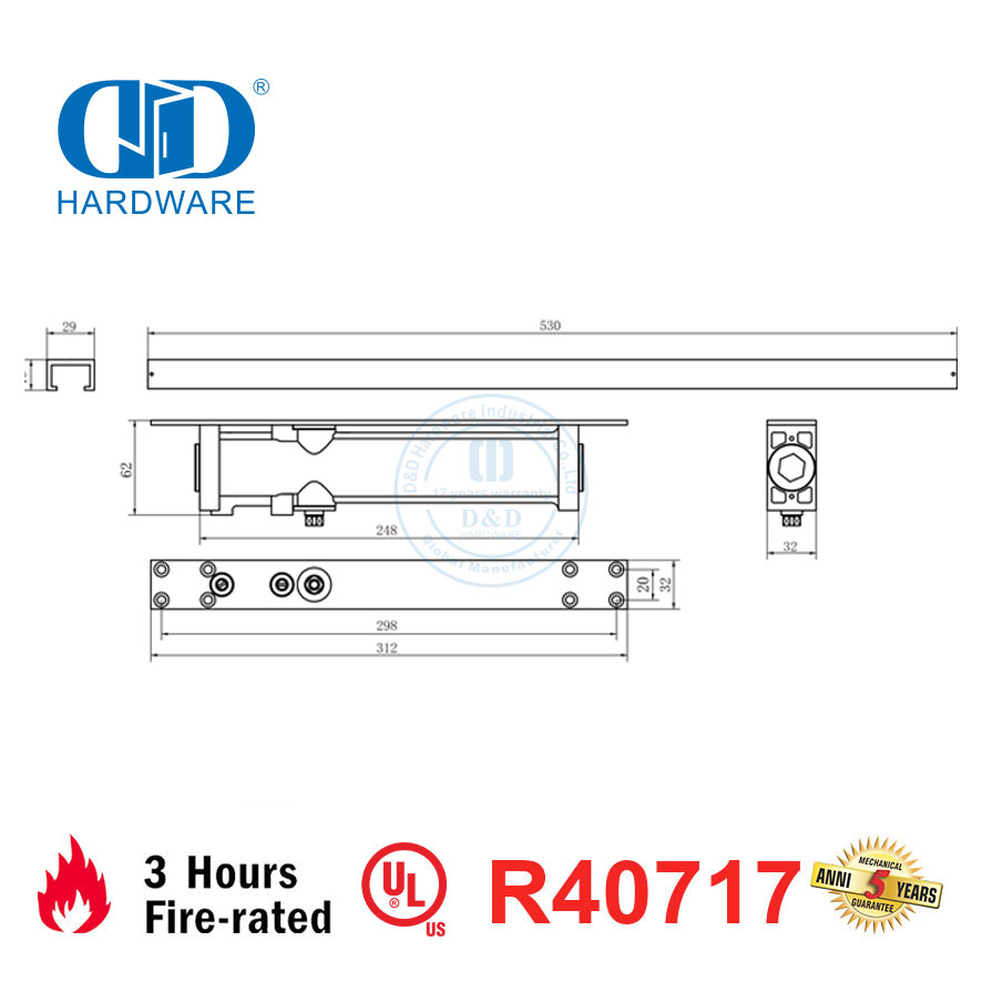 Building Hardware UL Listed Fire Resistance Aluminum Surface Mounted Spring Sliding Hydraulic Exits Passage Door Closer-DDDC054