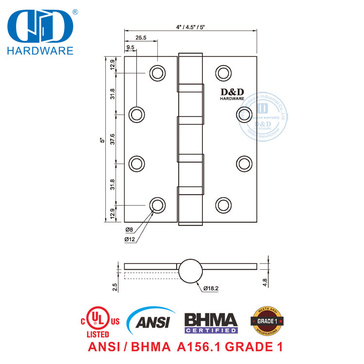 Factory Price UL Listed Bhma Certificate Fire Rated Stainless Steel NRP Commercial Door Hinge-DDSS001-ANSI-1-4.5x4.0x4.6mm