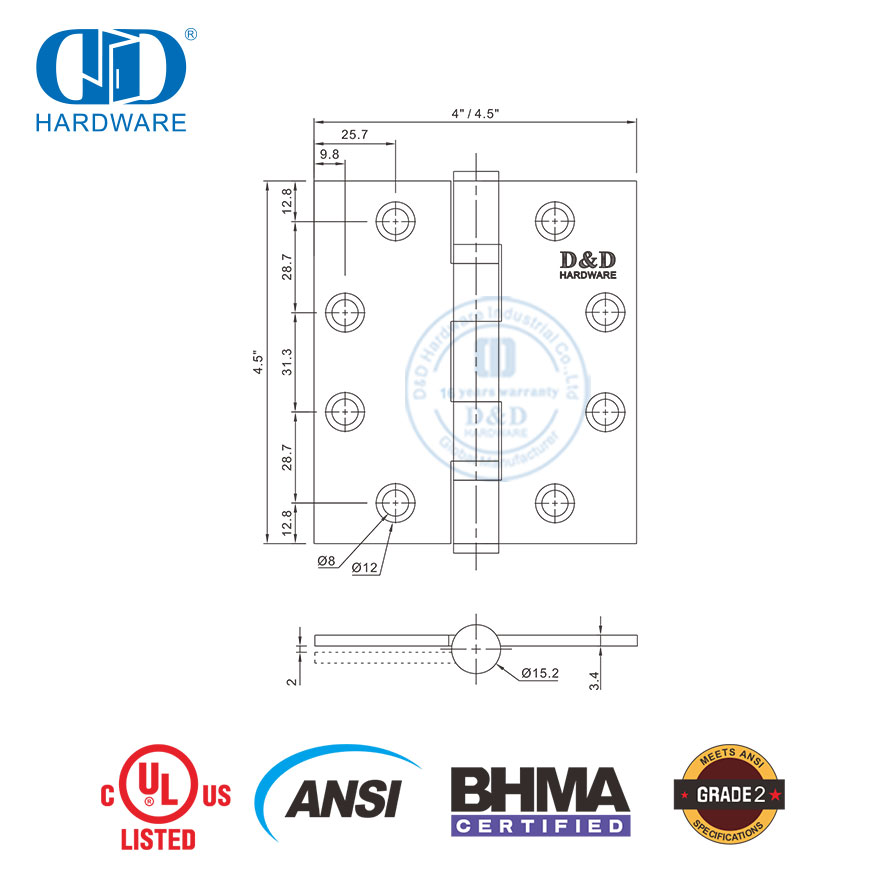 ANSI UL Listed BHMA Fast Installation Stainless Steel Fireproof Ball Bearing Kitchen Cabinet Furniture Door Hinge-DDSS001-ANSI-2-4.5x4.5x3.4mm
