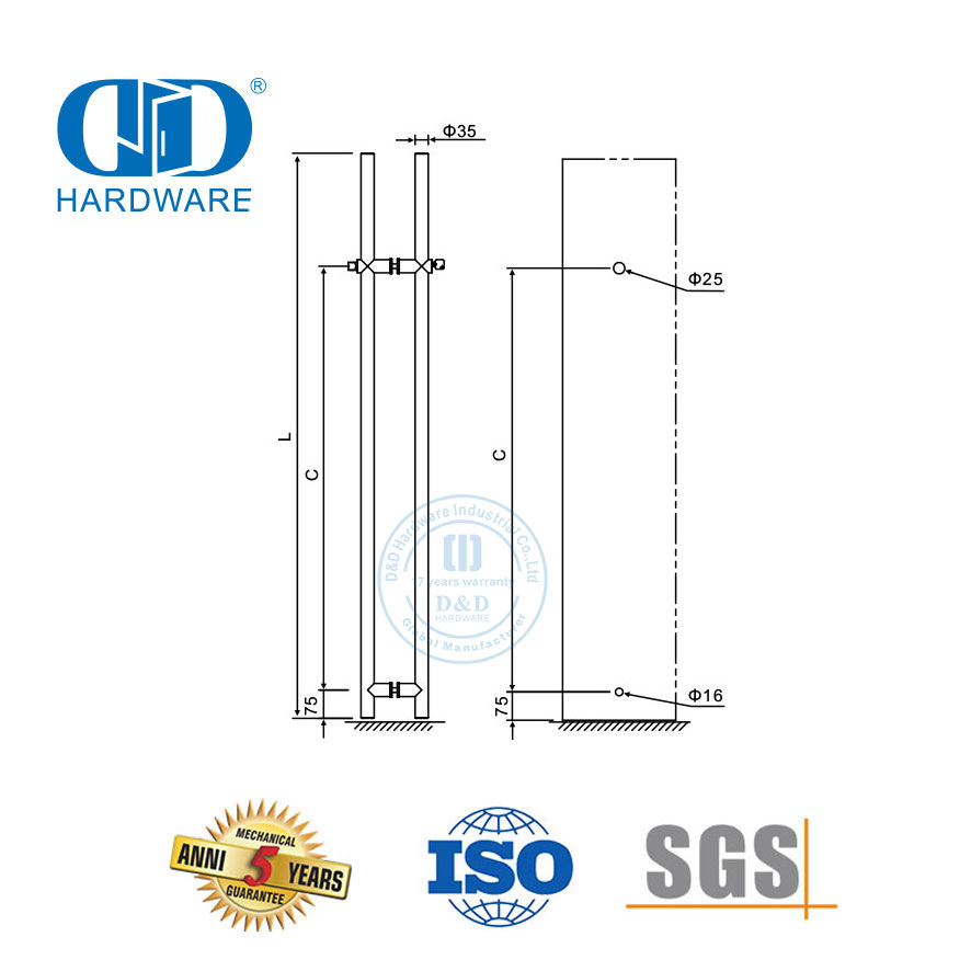 Long Double Sided Stainless Steel Glass Hardware Fittings Glass Door Key Locking Locks Pull Handle with Schlage Lock-DDPH039