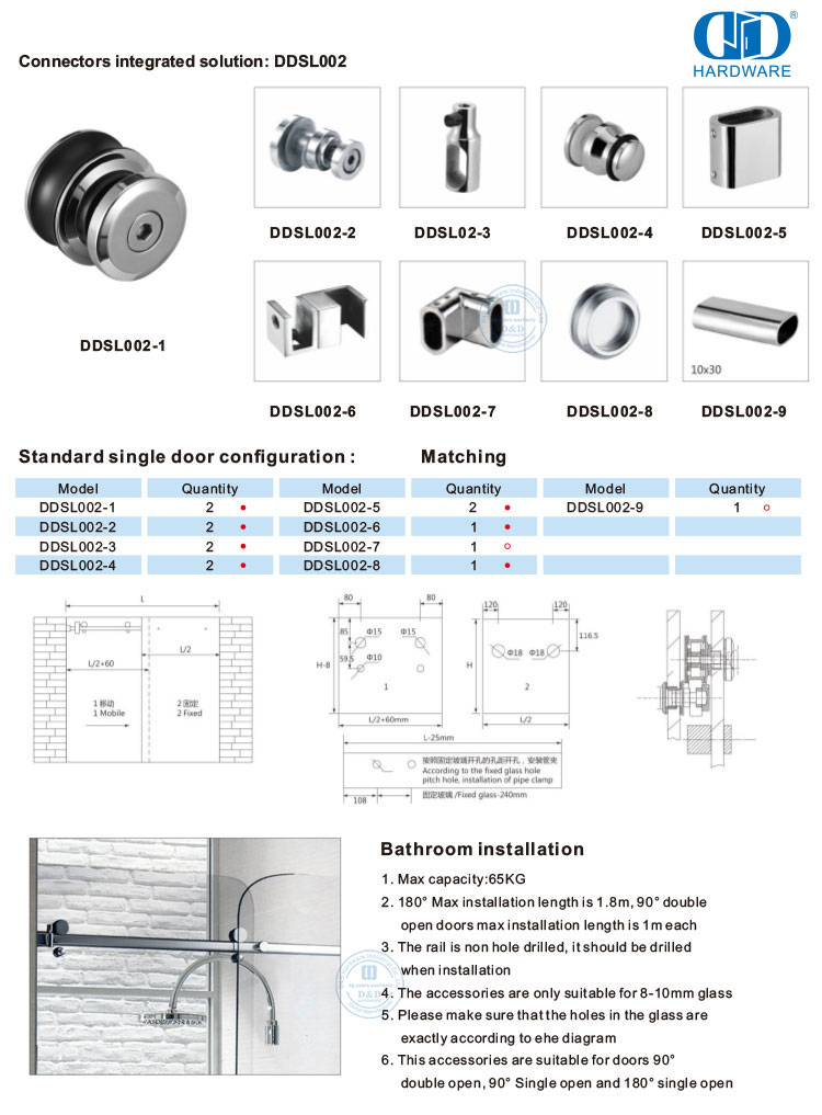 Stainless Steel Sliding Door Hardware Shower Room Glass Door Handrail Tube Connector Door Hardware-DDSL002-9