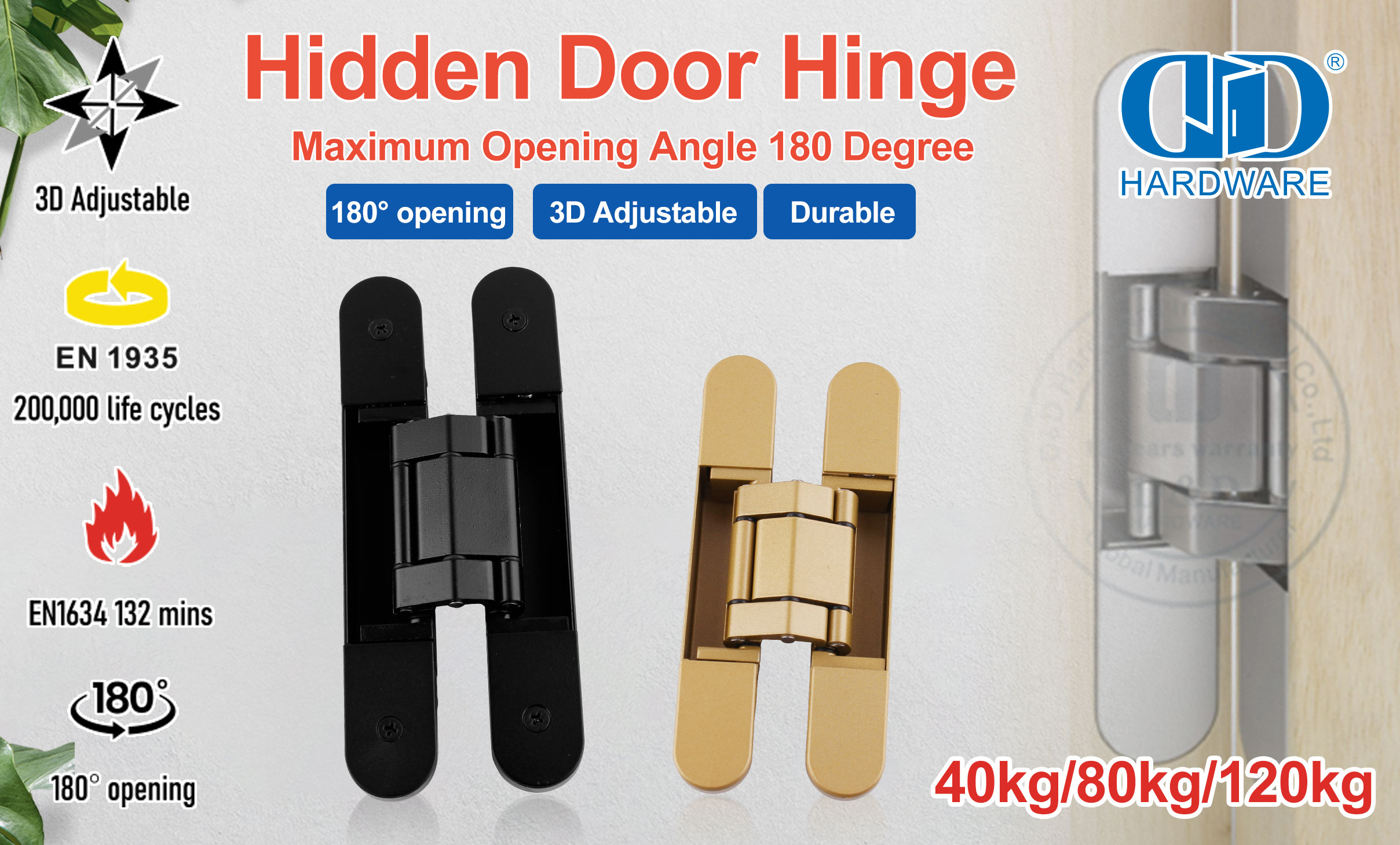 EN1935 Different Color 3D Adjustable Heavy Duty Invisible Door Hinges