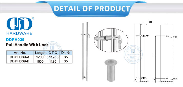 Long Double Sided Stainless Steel Glass Hardware Fittings Glass Door Key Locking Locks Pull Handle with Schlage Lock-DDPH039