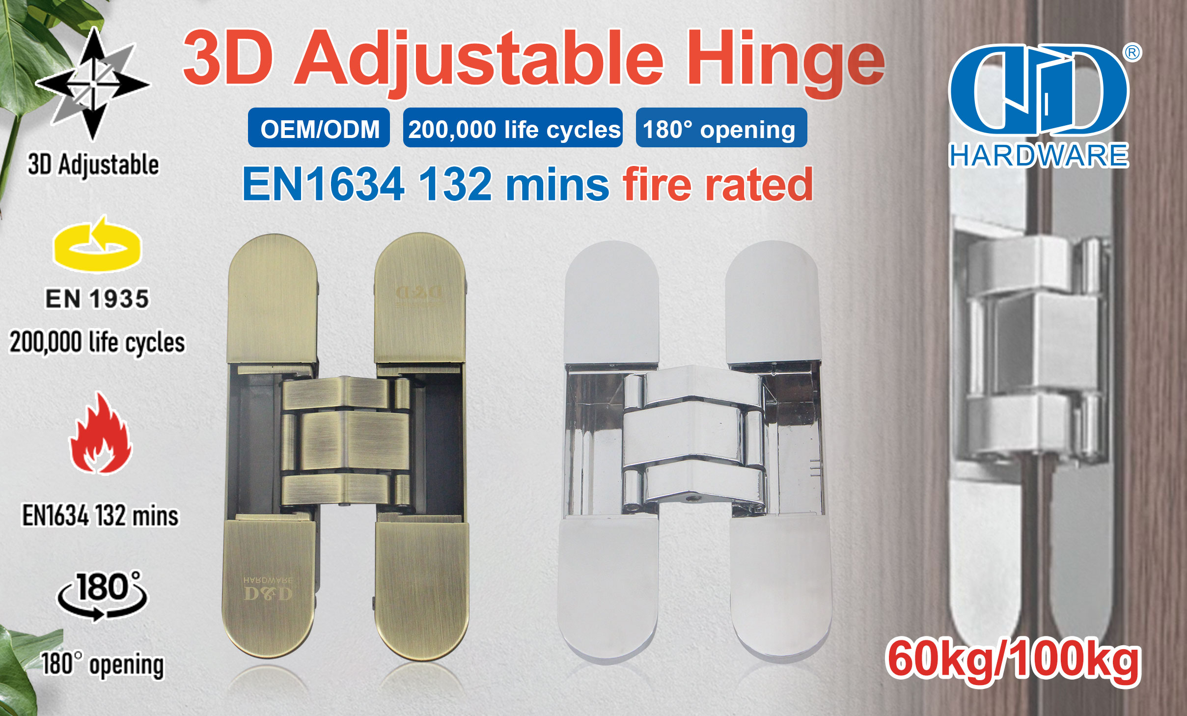 EN1634 Fire Rated 3D Adjusting Hidden Door Hinge Manufacturer