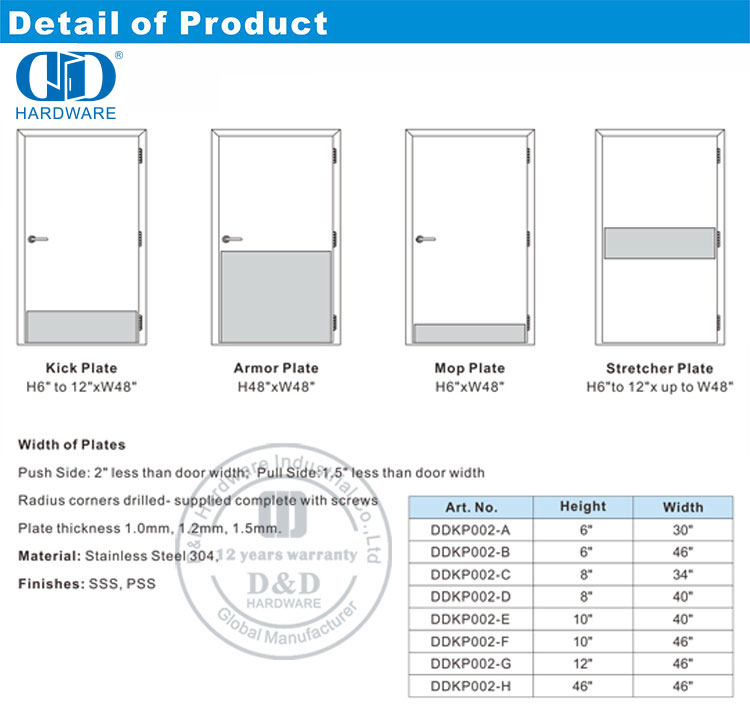 Factory Amercian Market Stainless Steel Usage Protective Armor Commercial Bottom Metal Front Door Kick Plate-DDKP002