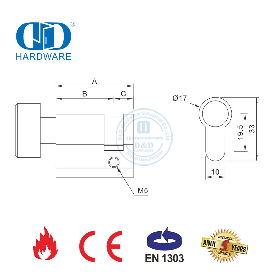EN 1303 Certification Half Cylinder with Thumb Turn for Mortise Lock-DDLC009-45mm-SB