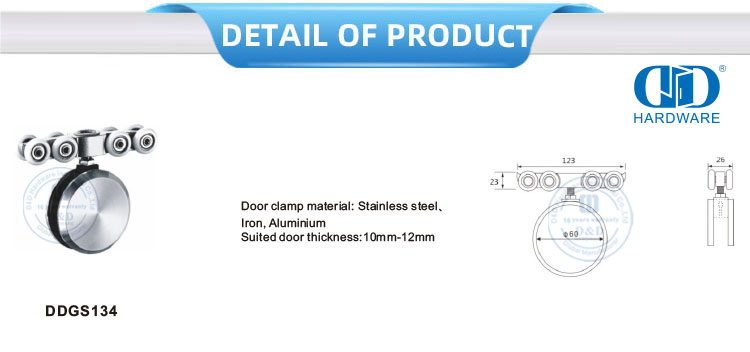 Stainless Steel Door Clamp Soft Close Wall Mounted Wheel Hanging Type Glass Fitting For Sliding Single Door-DDGS134