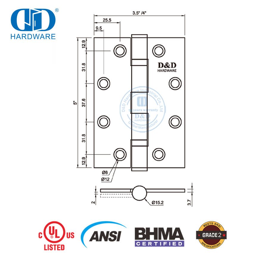 BHMA Certificate ANSI Fireproof Square Corner Commercial Wooden Door Hinge-DDSS001-ANSI-2