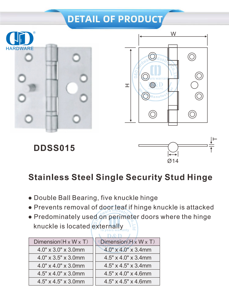  Single Security Hinge for Metal Door