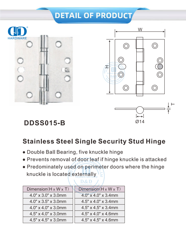 Security Stud Hinge for Entrance Door